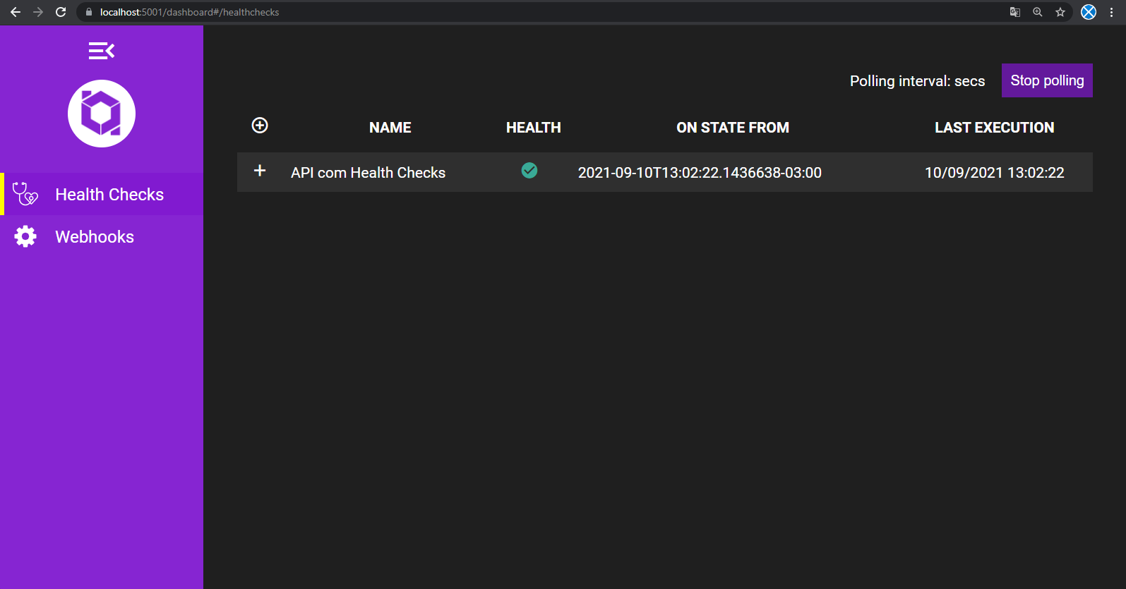 Dashboard de health checks personalizado com fundo escuro, tons de roxo e o logo do balta.io