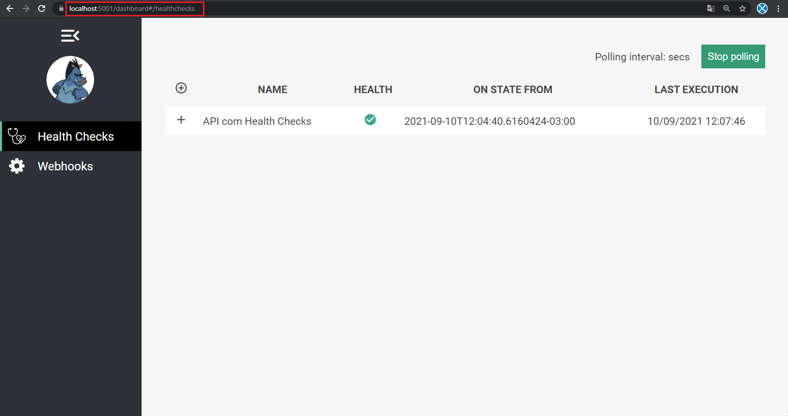 Dashboard padrão do HealthChecks UI listando os health checks da API e o histórico de verificações