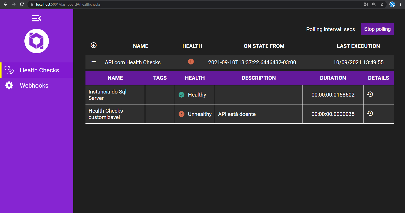 Dashboard mostrando a verificação customizada com estado Unhealthy ao lado da checagem do SQL Server