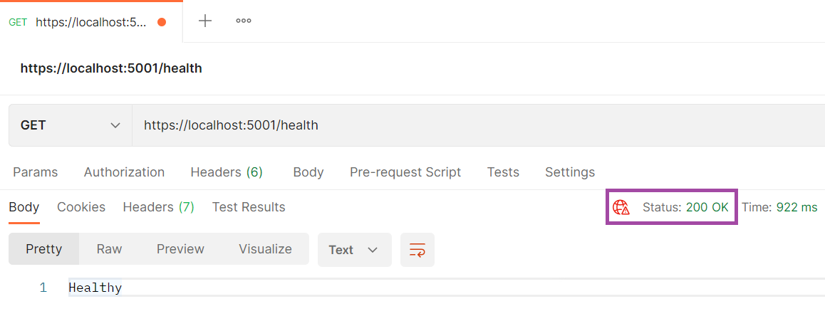 Requisição no Postman ao endpoint de health checks retornando status 200 e o texto Healthy