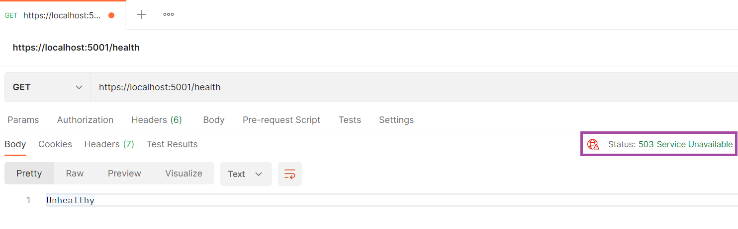 Requisição no Postman retornando status 503 e o texto Unhealthy com o SQL Server desligado