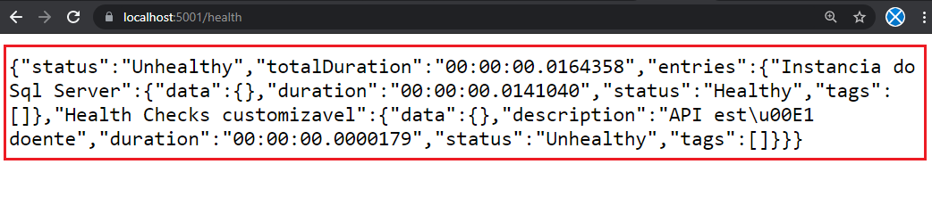 Resposta JSON do endpoint de health checks com o status geral, a duração e o resultado de cada verificação
