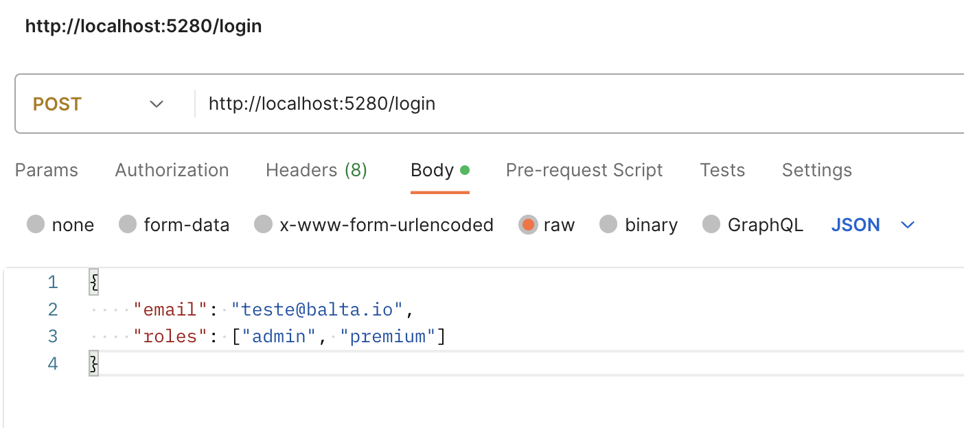 Postman com requisição POST para o endpoint de login da API de autenticação JWT, com corpo JSON contendo e-mail e perfis