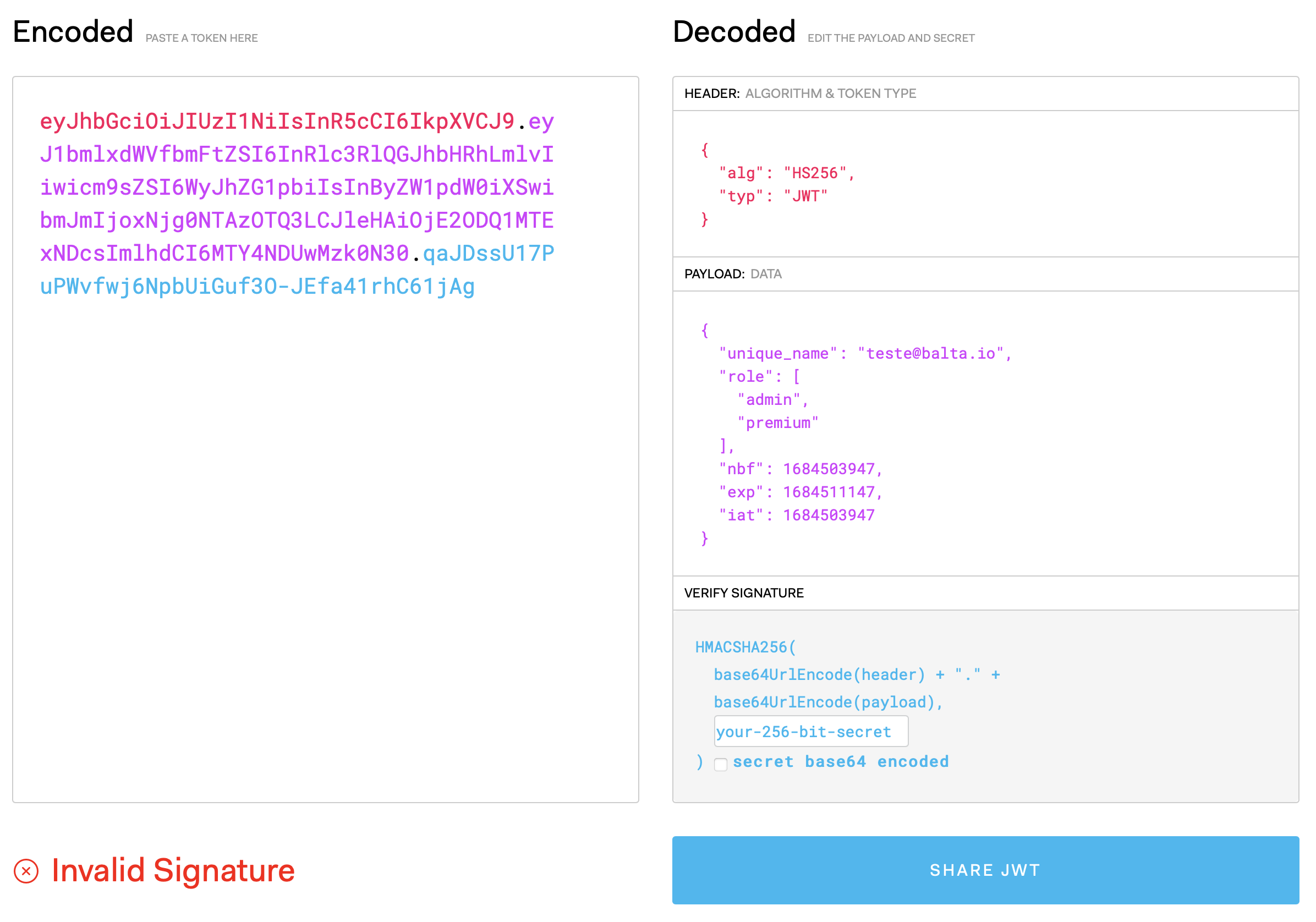 Site jwt.io exibindo o cabeçalho e o payload decodificados de um token da autenticação JWT