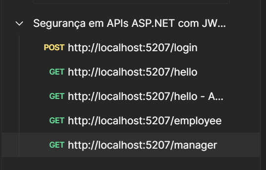 Menu lateral do Postman listando a coleção Segurança em APIs ASP.NET com JWT e Bearer Authentication
