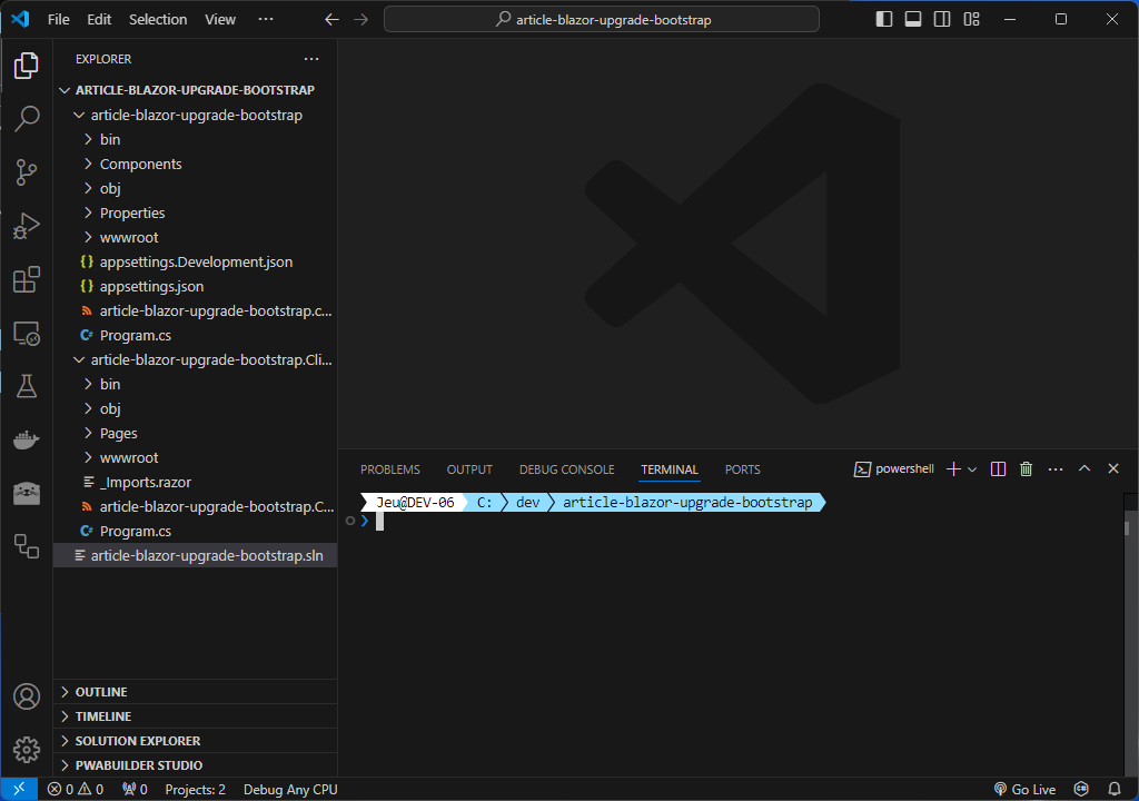 Explorer do VS Code exibindo os projetos article-blazor-upgrade-bootstrap e article-blazor-upgrade-bootstrap.Client