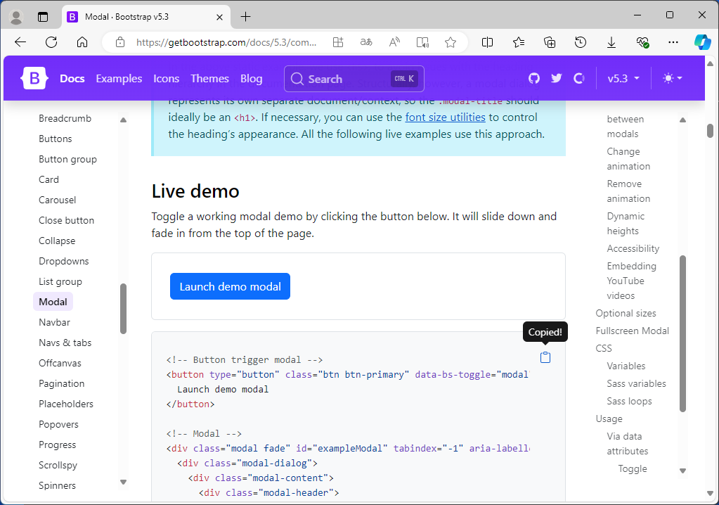 Exemplo do componente Modal na documentação oficial do Bootstrap 5.3
