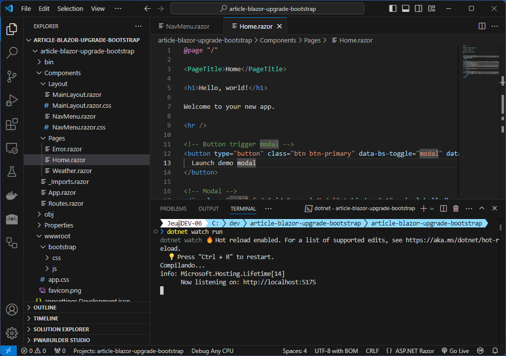 Arquivo Home.razor com o markup do modal do Bootstrap no Blazor colado no componente