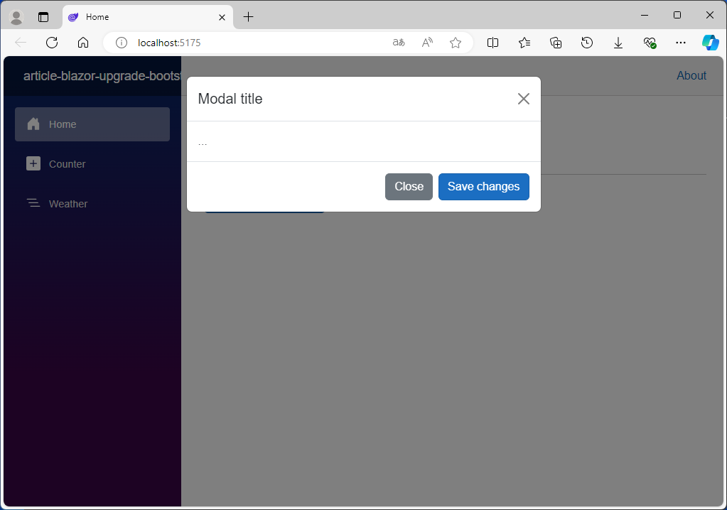 Modal do Bootstrap 5.3.3 aberto sobre a página da aplicação Blazor