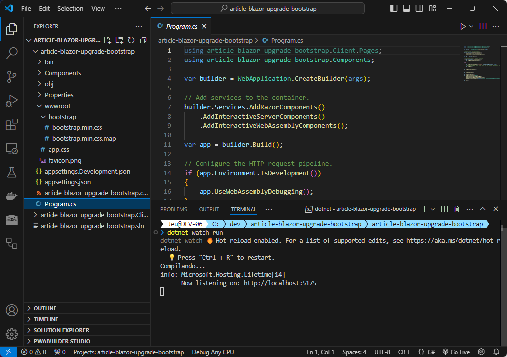Página inicial da aplicação Blazor rodando com o Bootstrap v5.1.0
