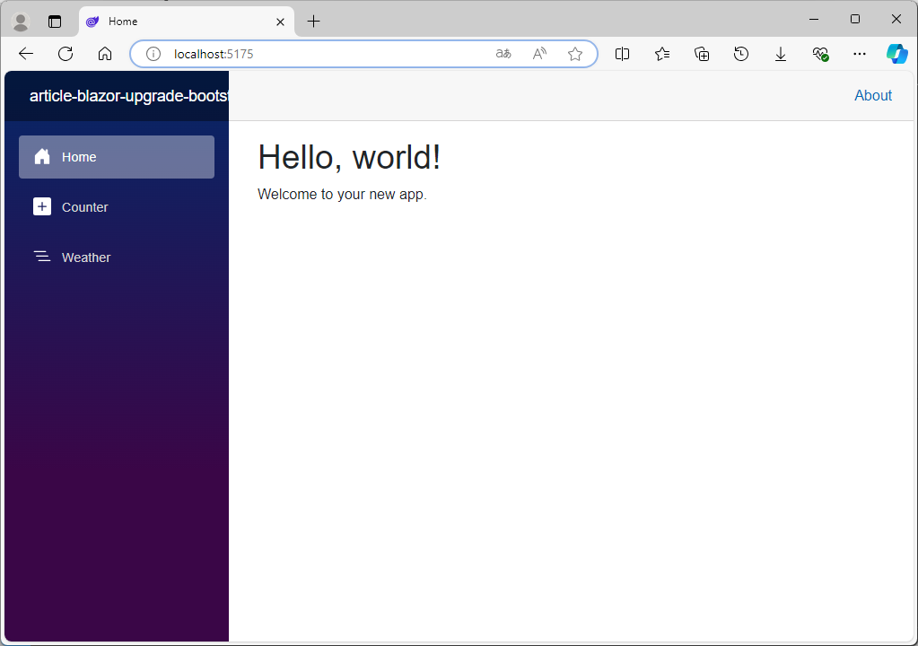 Outra página do template com o menu lateral estilizado pelo Bootstrap no Blazor na v5.1.0