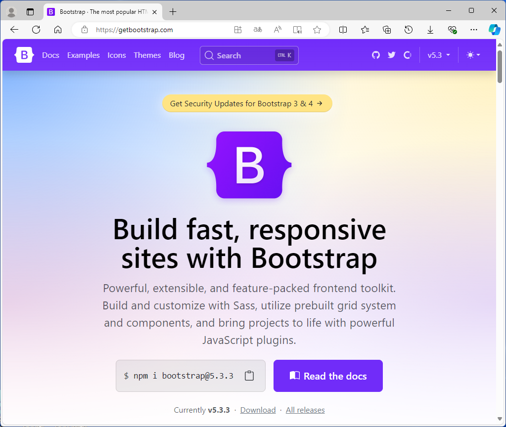 Página inicial do site getbootstrap.com com a versão 5.3.3 em destaque