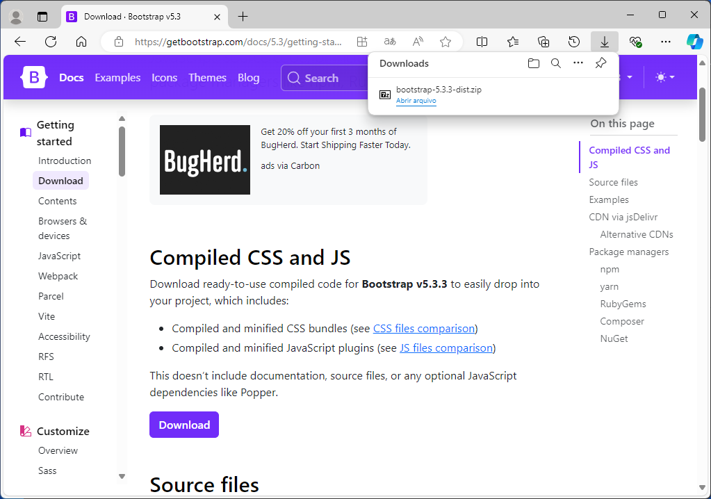 Seção de download do Bootstrap com o pacote de CSS e JavaScript compilados