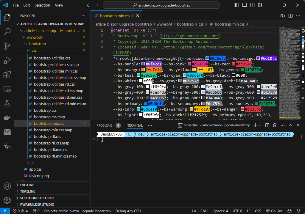 Pastas css e js do Bootstrap 5.3.3 copiadas para wwwroot/bootstrap no projeto Blazor
