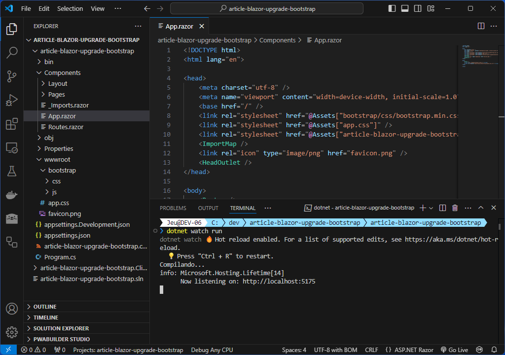 Arquivo App.razor com o link do Bootstrap no Blazor apontando para bootstrap/css/bootstrap.min.css