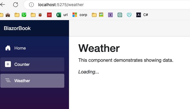 Página Weather exibindo a mensagem Loading enquanto o Streaming Rendering dos Blazor render modes aguarda os dados