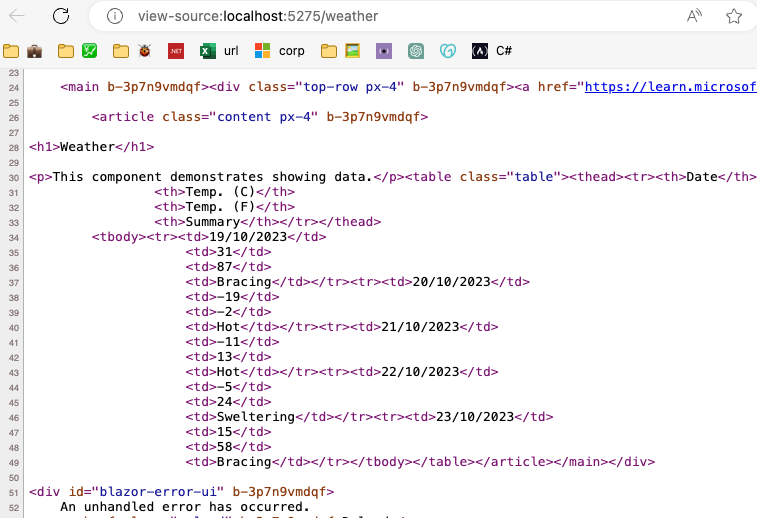Inspeção do HTML da página Weather mostrando os dados da tabela no código gerado pelo servidor com Blazor render modes em SSR