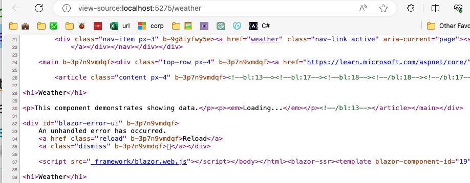 Código fonte da página Weather com Streaming Rendering mostrando apenas a mensagem Loading no HTML inicial