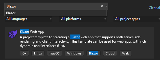 Tela de novo projeto do Visual Studio com o template Blazor Web App selecionado