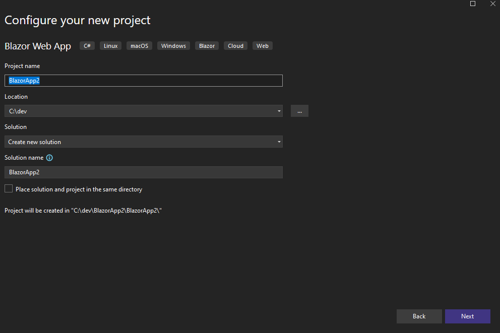 Tela de configuração do nome e da localização do novo projeto Blazor no Visual Studio