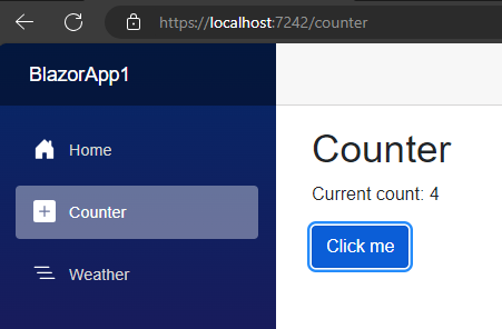 Componente Counter funcionando no navegador com o modo Interactive WebAssembly dos Blazor render modes