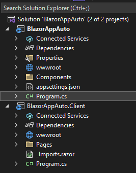 Solution Explorer com os projetos BlazorAppAuto e BlazorAppAuto.Client
