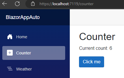 Componente Counter exibido no navegador com o modo Interactive Auto dos Blazor render modes