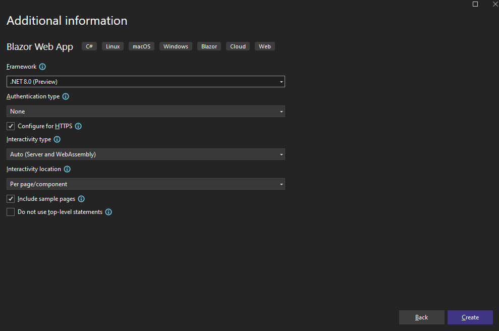 Opções Interactivity Type e Interactivity Location que configuram os Blazor render modes no Visual Studio
