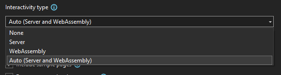 Lista de Interactivity Type com as opções None, Server, WebAssembly e Auto dos Blazor render modes