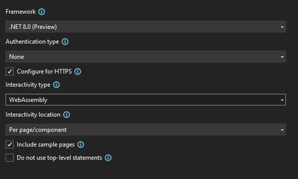 Opção WebAssembly selecionada no Interactivity Type do template Blazor Web App