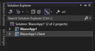Solution Explorer com os projetos BlazorApp1 e BlazorApp1.Client criados pelo modo WebAssembly dos Blazor render modes