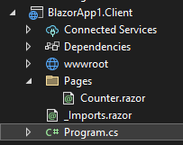 Pasta Pages do projeto BlazorApp1.Client contendo o componente Counter.razor