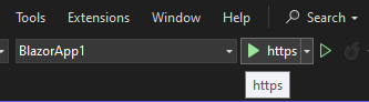 Visual Studio com o projeto BlazorApp1 definido como projeto de inicialização