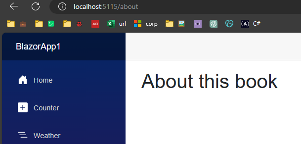 Página About de uma aplicação mostrando como as rotas no Blazor exibem o componente na URL /about
