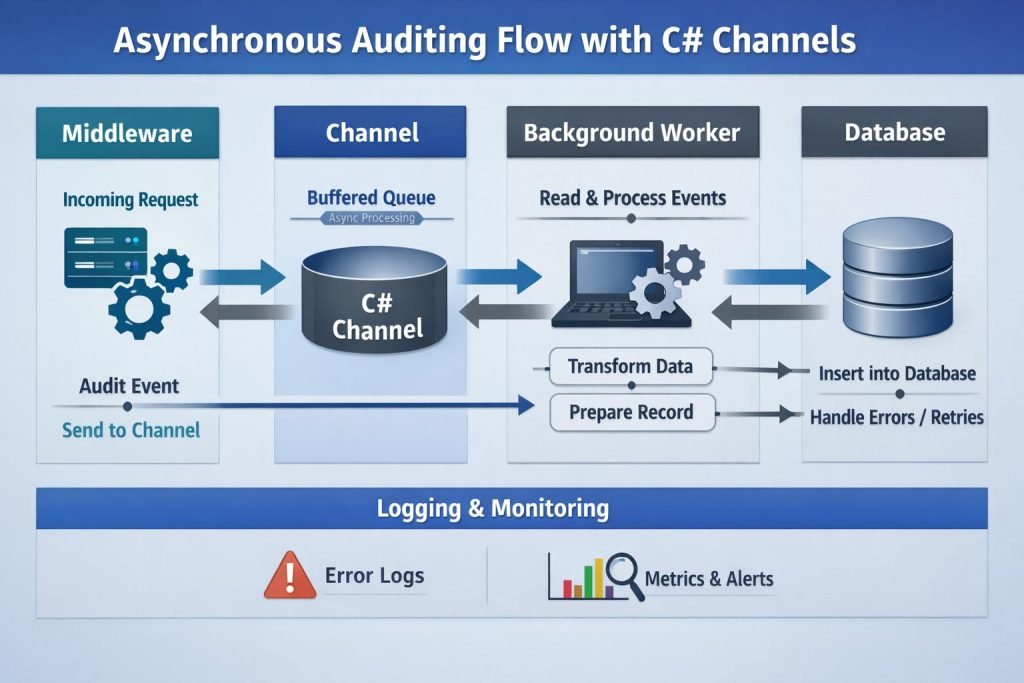 Diagrama do fluxo de channels em C#, com producers escrevendo em um buffer central e consumers lendo os dados desse buffer