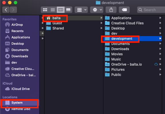 Finder mostrando a criação da pasta development na pasta do usuário para instalar o Flutter no macOS