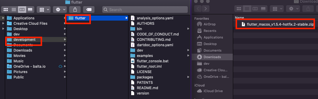 Pasta flutter extraída dentro de development, com as subpastas bin, packages e demais arquivos do SDK do Flutter no macOS