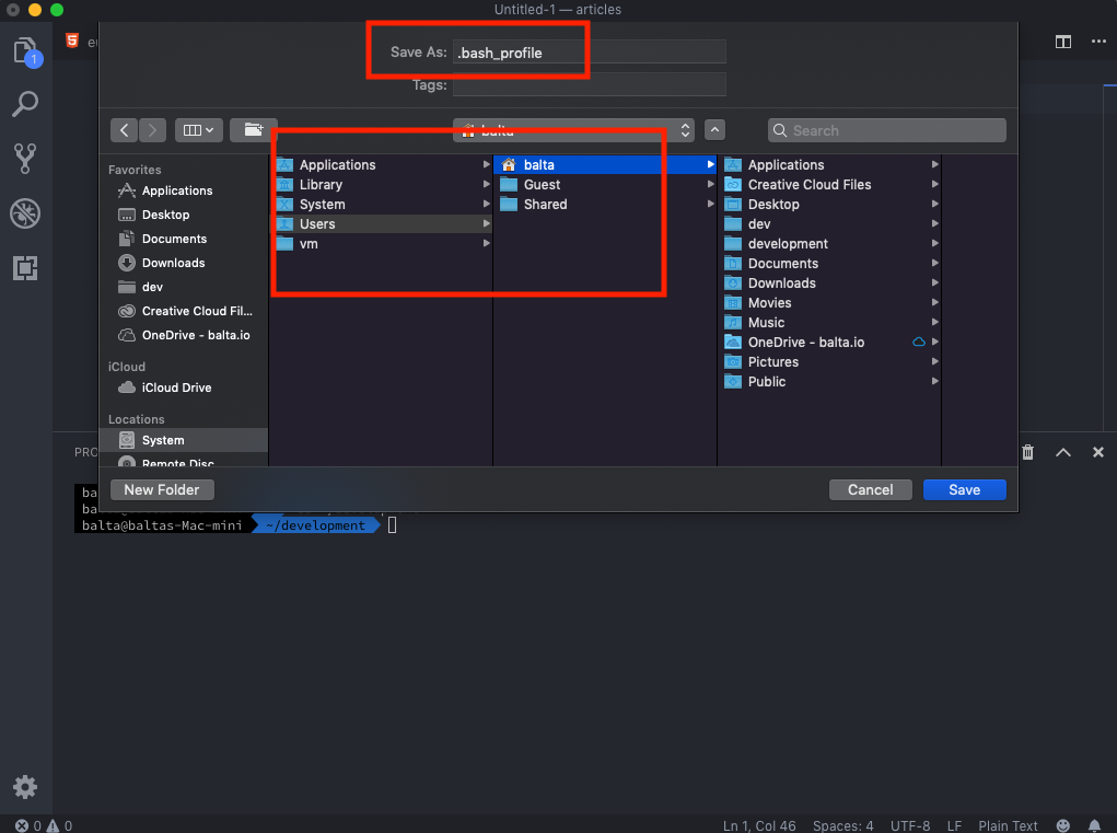 Visual Studio Code salvando o arquivo .bash_profile na pasta do usuário para configurar o PATH do Flutter no macOS