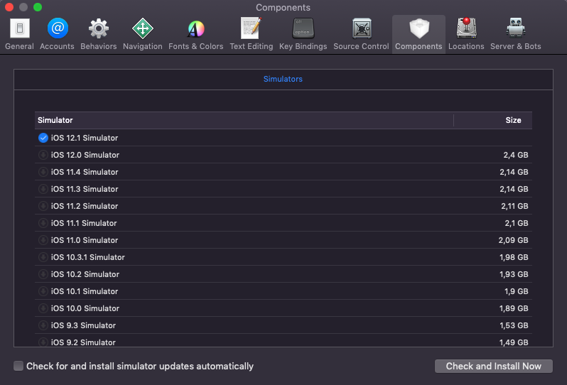 Aba Components das preferências do Xcode com a lista de simuladores iOS disponíveis para o Flutter no macOS