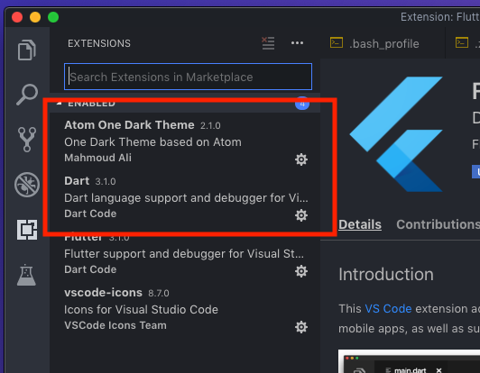 Painel de extensões do Visual Studio Code com a busca por flutter exibindo a extensão oficial do Flutter no macOS