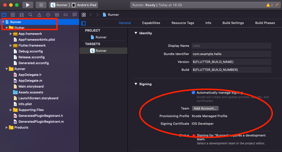 Configurações de assinatura do target Runner no Xcode com a opção Add Account para vincular a conta Apple