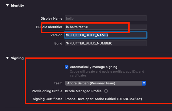 Campo Bundle Identifier preenchido com um identificador único no Xcode