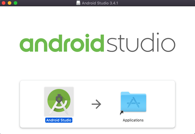 Janela do instalador do Android Studio no macOS com o ícone do aplicativo pronto para ser arrastado para a pasta Applications