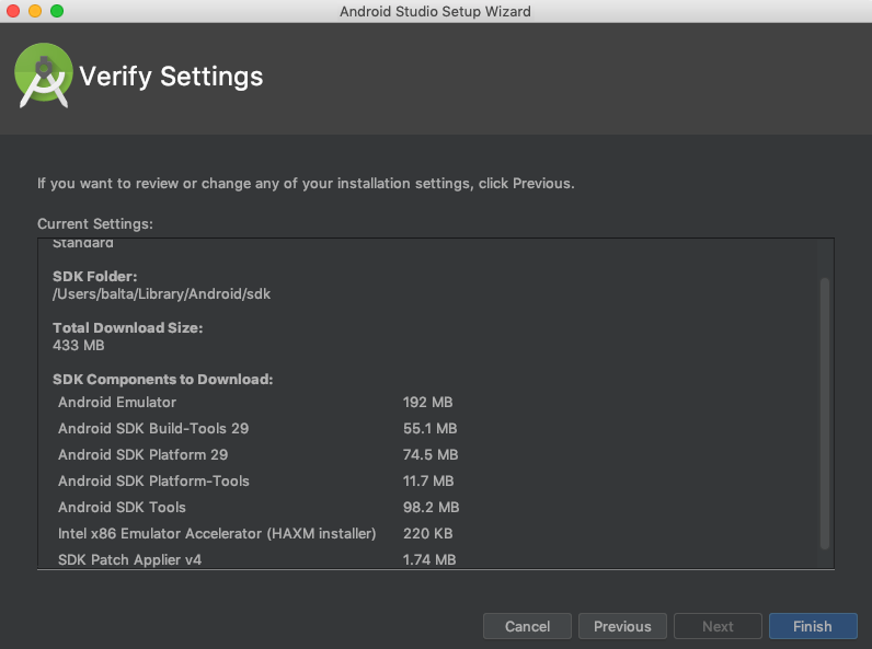Tela final do assistente do Android Studio com o botão Finish habilitado após o download dos componentes