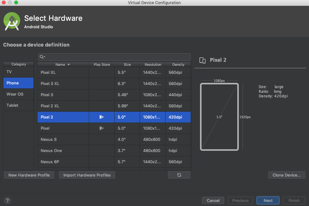 Seleção de hardware do AVD Manager com o Pixel 2 escolhido para o emulador do Flutter no macOS