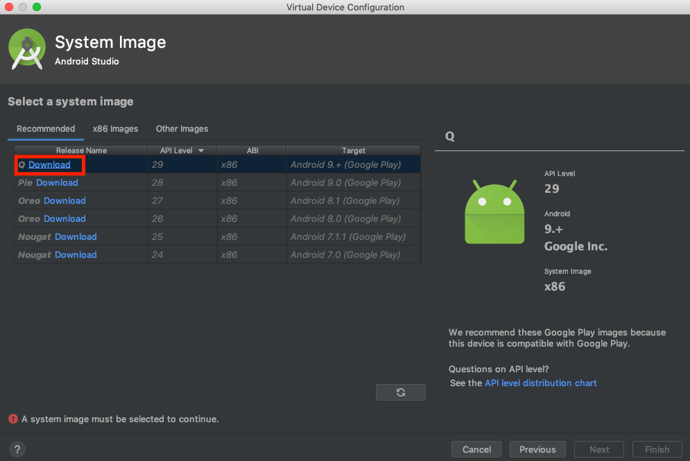 Lista de imagens de sistema Android disponíveis no AVD Manager para download e seleção