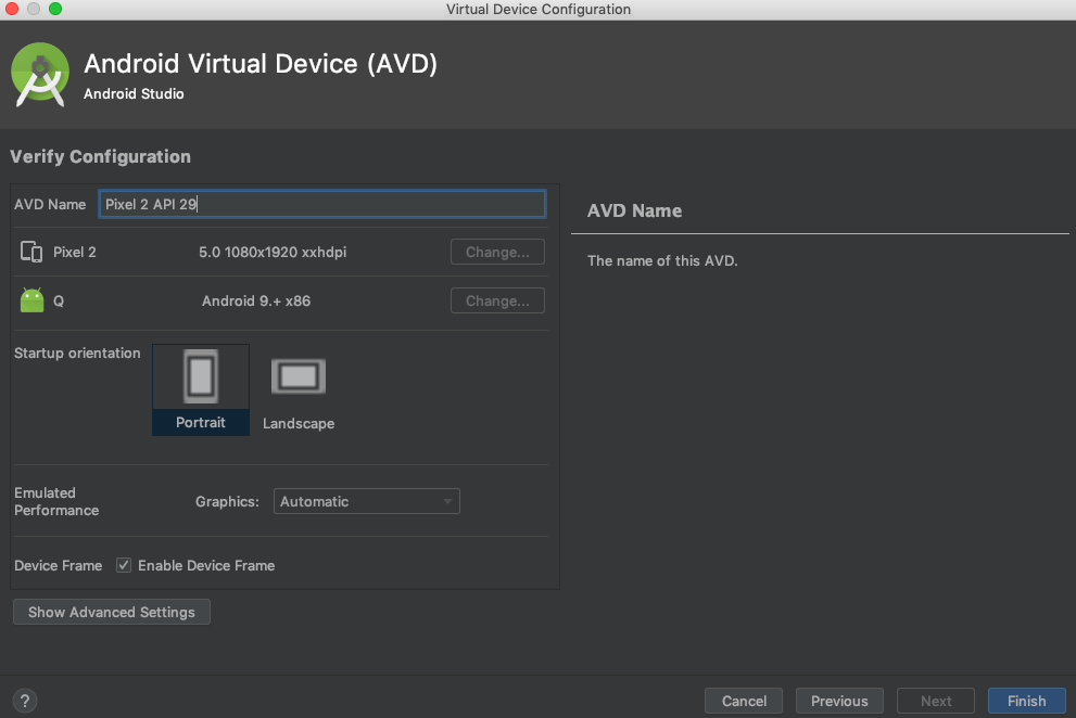Tela de revisão do AVD Manager com nome, orientação e configurações do dispositivo virtual