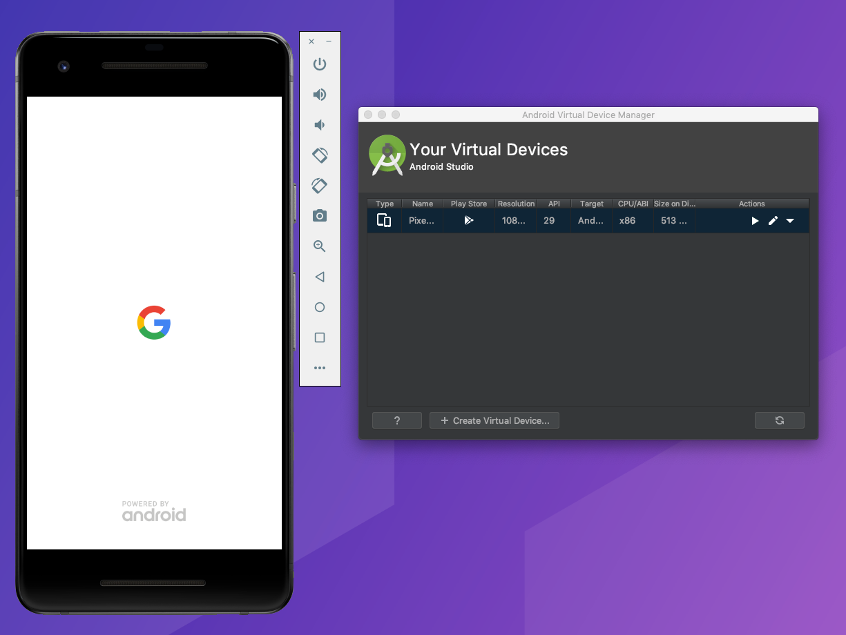 Emulador Android do Pixel 2 em execução na tela inicial do sistema