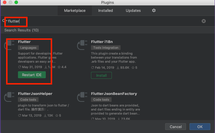 Tela de plugins do Android Studio com os plugins Flutter e Dart prontos para instalação