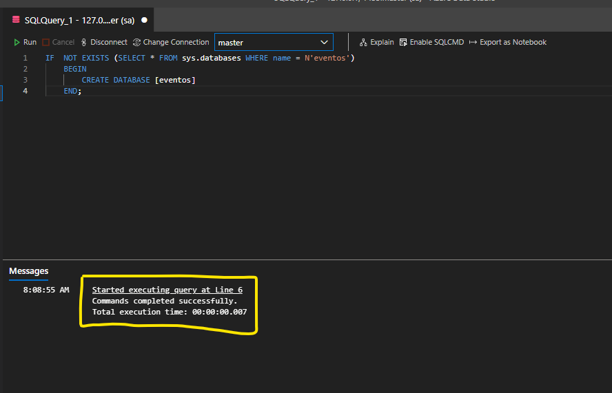Painel de mensagens do Azure Data Studio confirmando a execução bem-sucedida do comando de criação do banco